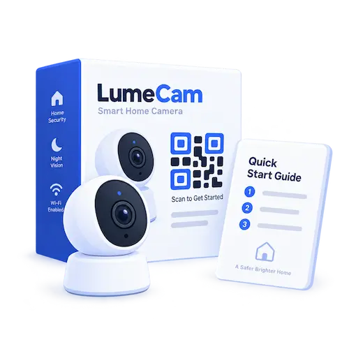 Product packaging illustration with a QR code, product box and device