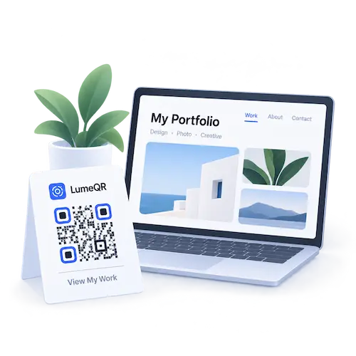 Portfolio illustration with a tablet showcase, QR card and creative work samples
