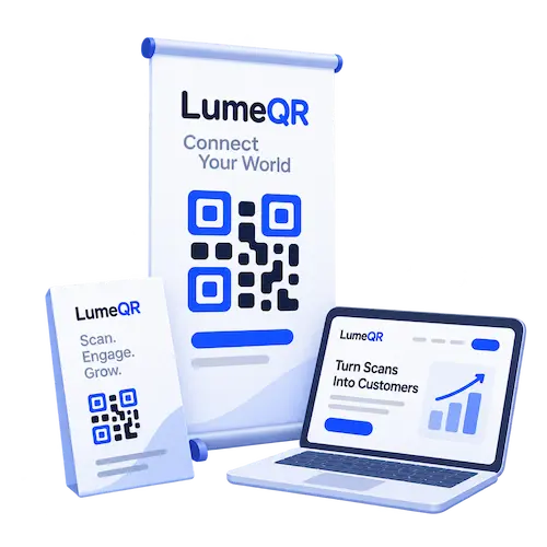 Business marketing illustration with a QR campaign display, banner and promotional materials